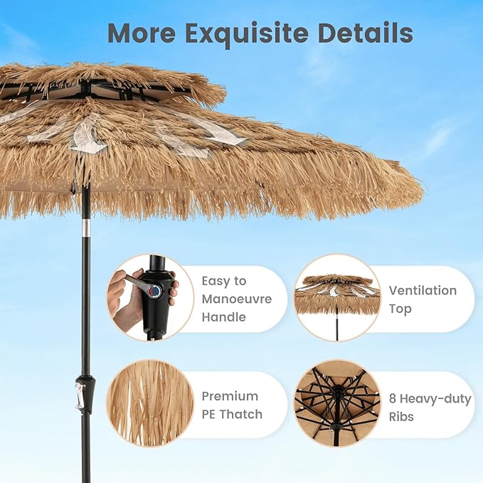 HAPPYGRILL 7.2FT Hula Thatched Tiki Umbrella w/Tilt, Hawaiian Style Beach Umbrella Patio Table Market Umbrella, Sun-Protective Portable Tropical Palapa for Outdoor Tiki Bar Garden Beach Pool Backyard (8.8 FT)