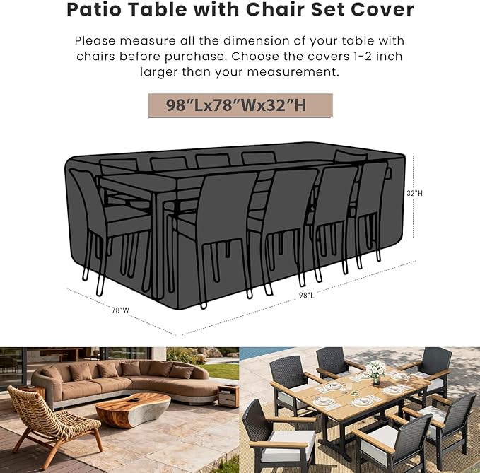 SheeChung Patio Furniture Cover Rectangular 98"L x 78"W x 32"H,Waterproof Outdoor Furniture Cover,Heavy Duty Outdoor Sectional Sofa Set Covers,Patio Table Chair Set Covers Weather Resistant