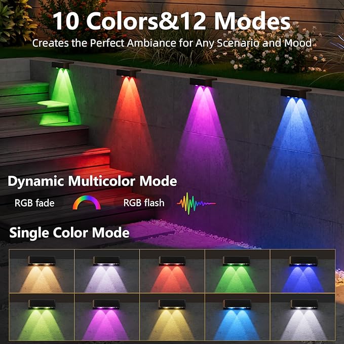 VOLISUN Solar Deck Lights 8 Pack, Warm White, Cool White and RGB Color Glow LED Large Size Lamp, IP65 Waterproof Solar Fence Lights Outdoor for Step, Patio, Fence, Railing, Wall, Stairs