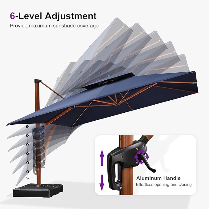 PURPLE LEAF 10' X 13' Double Top Deluxe Wood Pattern Rectangle Patio Umbrella Offset Hanging Umbrella Outdoor Market Umbrella Garden Umbrella, Navy Blue