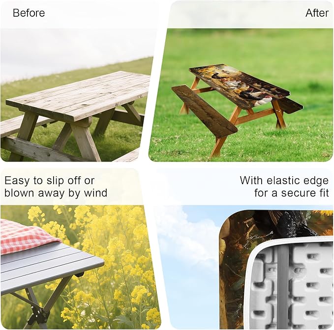 ANNA QUEEN Farm Chicken Picnic Table Cover Set, Rustic Country Barn 6FT 3PCS Tablecloth and Bench Covers 72"x30" Waterproof for Camping BBQ & Outdoor Dining