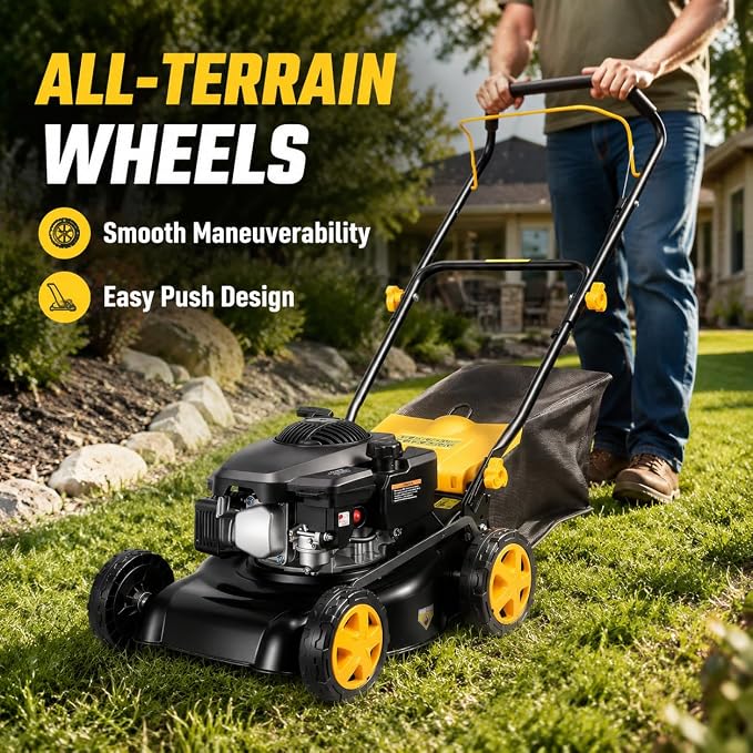 16 Inch Gas Lawn Mower 132CC 4-Stroke Push Lawn Mower with 8-Position Height Adjustment, 45L Grass Bag, 15.75 Inch Cutting Width, Walk Behind Grass Cutter for Yard Garden Orchard Lawn Care