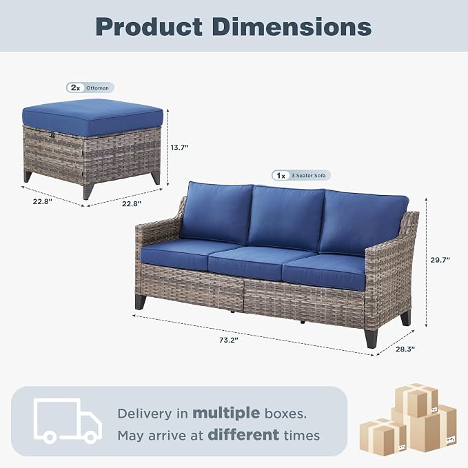 Belord Luxury Outdoor High Back Couch with Ottoman, All-Weather Wicker 3-Seater Sofa, 3 Piece Patio Conversation Furniture Set,Blue