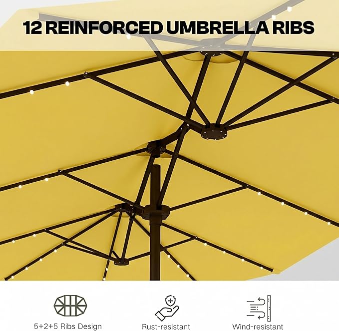 Large Patio Umbrella with Solar Lights and Base, Double-Sided Outdoor Rectangle Umbrella with 48 LED Lights, Market Table Umbrellas with UV Resistant Canopy