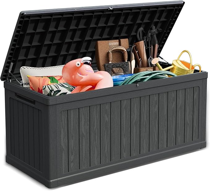 320 Gallon Outdoor Storage Deck Box, Waterproof Resin Deck Boxes with Handle & Lockable for Patio Furniture, Garden & Pool Tools -Swimming Pool, UV Resistant, Black (320)
