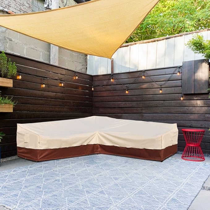 Outdoor Sectional Cover Patio Furniture Covers Waterproof Rip-Stop Anti-UV 600D Heavy Duty Couch Sofa Cover with 3 Air Vent (Beige & Reddish Brown, V-Shaped-105''X105'')