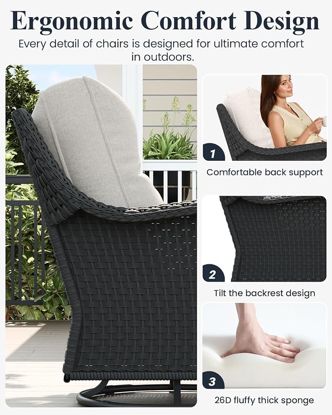 LayinSun 6 Piece Wicker Outdoor Furniture Set with 6-inch Comfy Cushions, High Back Patio Furniture Set with Swivel Rocking Chairs and Side Table