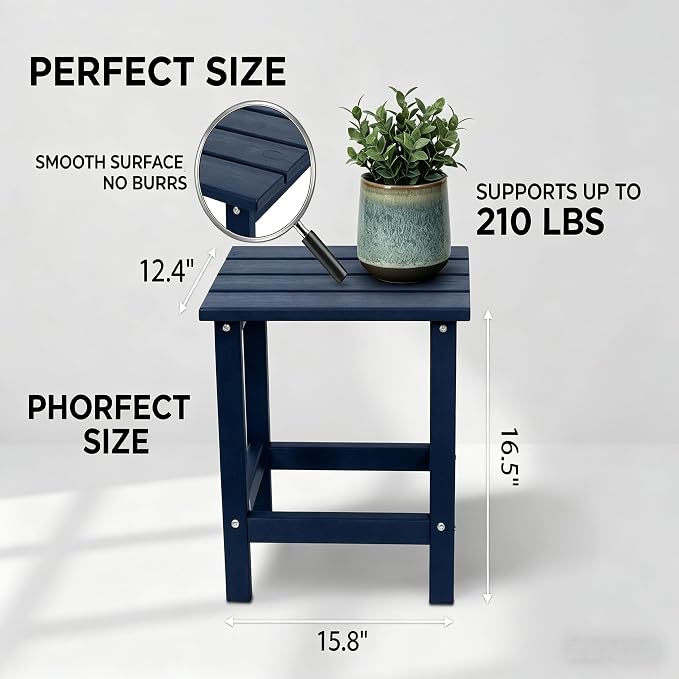 AMILY HDPE Outdoor Adirondack Side Table, Weather Resistant Patio End Table, Heavy Duty Rectangle Side Table for Garden, Balcony, Poolside, Easy Assembly (Blue)