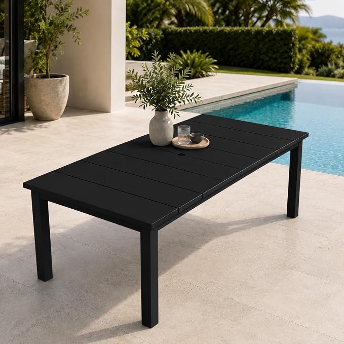 75.2" HDPE Outdoor Dining Table for 4-6 People, Rectangular Patio Dining Table with Umbrella Hole, All Weather Patio Dining Outdoor Table for Deck, Backyard and Garden, Black
