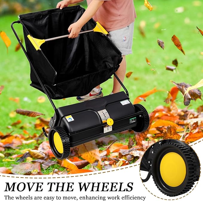 26 Inch Lawn Sweeper Push Hand Powered for Leaves, Grass Clippings & Yard Debris, 4 High-Speed Brushes & Large 7 cu ft Hopper Bag | Adjustable Height, ABS+Steel Frame (26 Inch Black)