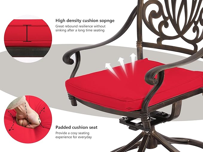 Grepatio 9 Piece Cast Aluminum Patio Furniture Set Outdoor Dining Set Bistro Furniture Set with 8 Swivel Chairs and Dining Table with Umbrella Hole, Cushions for Backyard Garden Poolside (Red)