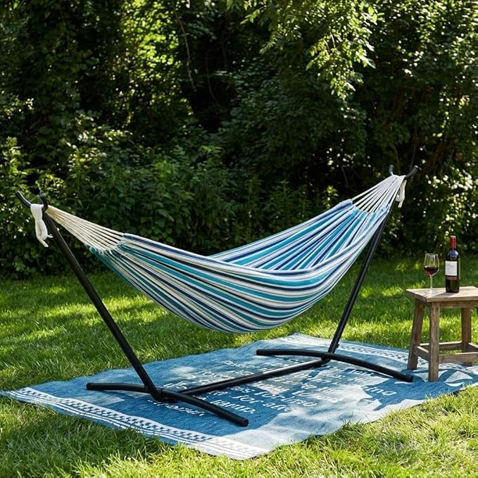 GAOMON Double Hammock with Stand, 450 lb Capacity, Adjustable Portable Hammock Chair with Sturdy Steel Frame, Thick Rope and Carrying Bag Suitable for Backyard, Camping or Outdoor