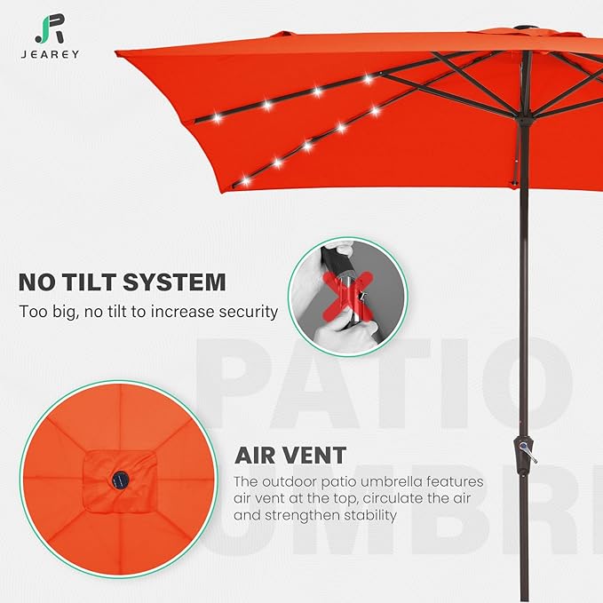 JEAREY 8x10 ft Rectangular LED Lighted Patio Umbrellas Outdoor Solar Table Market Umbrella w/Crank, 8 Sturdy Ribs, UV Protection Waterproof Sunproof(Orange)
