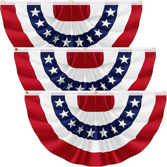 3Pack 2x4 FT American Pleated Fan Flag, USA Patriotic Half Fan Bunting Flag, 4th of July Flags Decorations for Outside, Red White and Blue Patriotic Decorations Outdoor