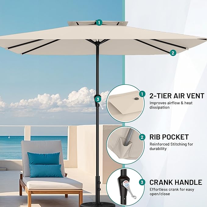 AreShark 8'x10' 2 Tiers Rectangular Patio Umbrella - Outdoor Umbrella Waterproof UV Protection, Market Table Umbrella w/Crank for Pool, Backyard, Deck(Ivory)