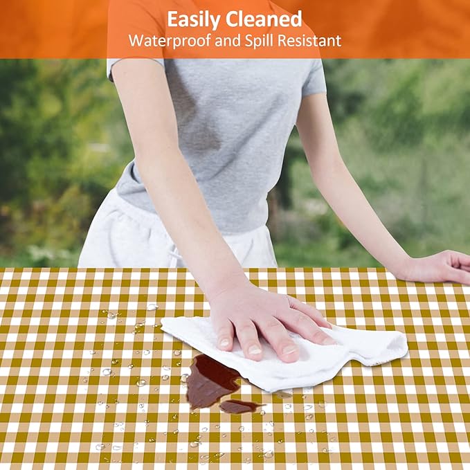 KENOBEE 8ft Picnic Table and Bench Cover, Camping Essentials RV Gear, 96 in Waterproof Windproof Outdoor Elastic All Around Tablecloth, Fitted Rectangle Tables and Seats, Coffee-White Checkered