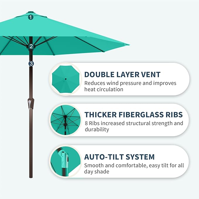 PatioKingdom Auto-Tilt 9FT Patio Umbrella Outdoor with 8 Sturdy Fiberglass Ribs,Market Table Umbrella for Pool,Backyard,Deck and Garden(Peacock Blue)