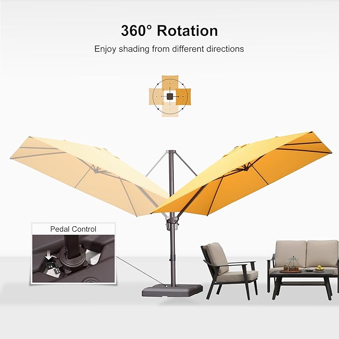 PURPLE LEAF 9' X 9' Patio Umbrella With Base Antique Bronze Square Cantilever Umbrella Outdoor with 360° Rotation and Aluminum Offset Hanging for Pool Deck Garden Backyard, Yellow