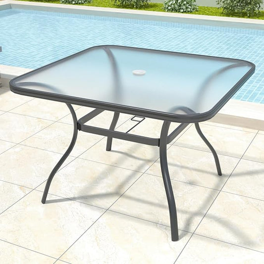 Anmutig Square Outdoor Dining Table for 4 Person, 37 inch Glass Top, Black Powder-Coated Frame with Umbrella Hole Outdoor Furniture