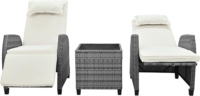 Merax Patio Conversation Set, Outdoor Rattan Chairs Set, Two-Person Combination with Coffee Table, Adjustable Chair, Suitable for Courtyard/Swimming Pool/Balcony, Beige