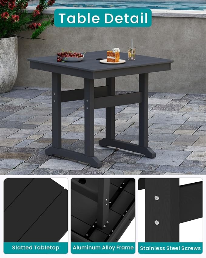 5-Piece HDPE Outdoor Patio Dining Set (Includes 1 Square Table and 4 Chairs) (All-Weather, Easy to Assemble, Umbrella Hole, 10+ Years of Lifespan) - Black