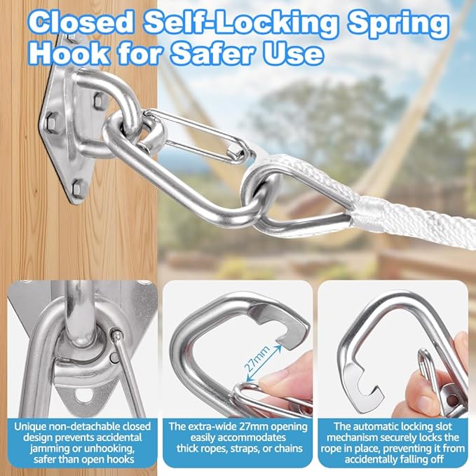 TooTaci 2Pack Hammock Hooks Hanging kit, Heavy Duty M10 Stainless Steel Pad Eye with Closed Snap Hooks, 1700 lbs Capacity Hammock Hanging Kit for Porch Swing Hanging, Wall Ceiling Mount Hanger