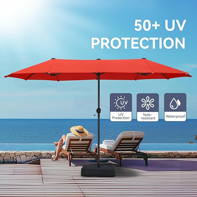 GREEN PARTY 13ft Rectangle Patio Umbrella, Double Sided Outdoor Table Umbrella with Crank & 1.5" Pole, Large Market Umbrella for Poolside Garden Deck Backyard, Orange Red