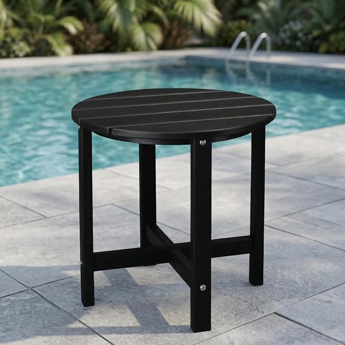 Outdoor Side Table, 18" HDPE Round Patio End Table, Weather Resistant Small Outside Table for Adirondack Chairs, Garden, Porch, Poolside, Deck and Living Room, Wood-Like Texture, Black (Style A)