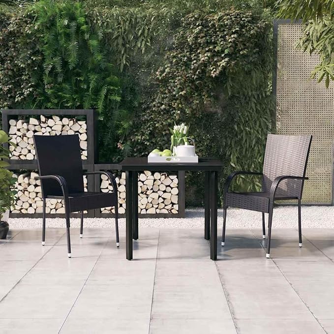 3 Piece Patio Dining Set Black Outdoor Furniture Set for Garden Yard with PE Rattan Chairs Glass Table Heavy Duty Powder Coated Steel Frame