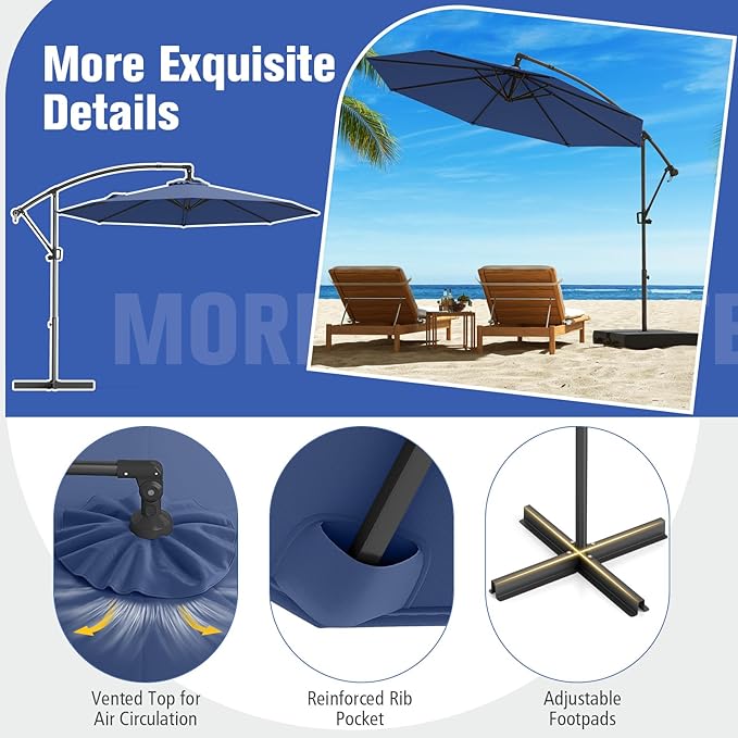 Tangkula 10 FT Patio Offset Umbrella, Hanging Cantilever Umbrella w/X-shaped Base & 360° Rotation, Smooth Crank Handle, Vented Top, Outdoor Market Umbrella for Backyard, Deck (Navy)