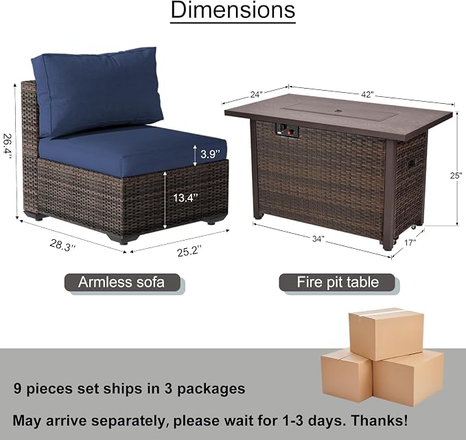 9 Piece Patio Furniture Set with 42" Fire Pit Table, Outdoor Wicker Rattan Sectional Sofa Set, Patio Conversation Set with Thickened Cushions, Blue