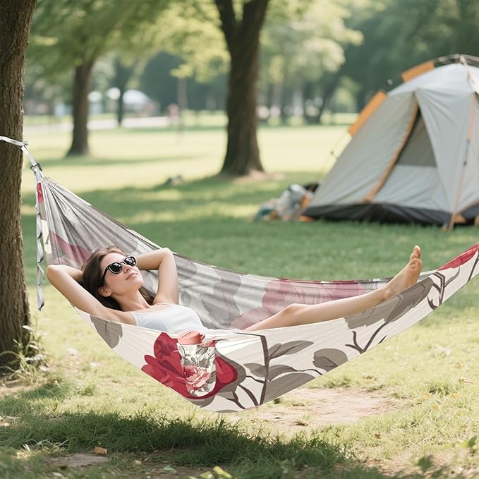Blush and Crimson Roses Camping Hammocks Rope Hammock for Patio Backyard Lounge Base