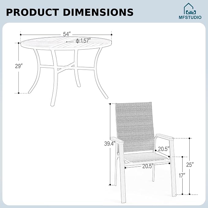 MFSTUDIO 7 PCS Patio Dining Set, 54" Round Table & Aluminum Chairs, Grey | Stackbale chairs, Light-weight & space-saving, Square Table, Umbrella Hole, Patio deck, 6 person