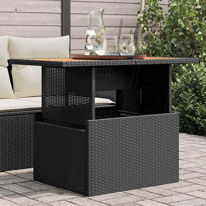 Garden Table Black PE Rattan, Powder-Coated Steel, Solid Acacia Wood, Height Adjustable Outdoor Dining, Patio Furniture, 21.7x39.4x28.7in