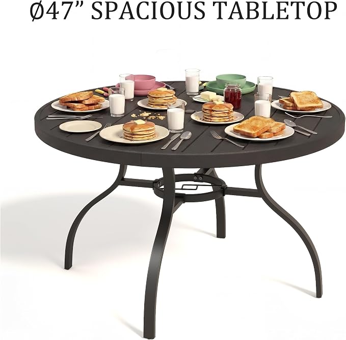47” Patio Outdoor Dining Table, Wood-Grain Patio Round Table with Umbrella Hole, All-Weather Metal Dining Table for Party, Lawn & Garden