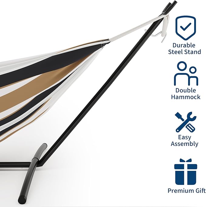IDEALHOUSE 2 Person Double Hammock with Heavy Duty Steel Stand - 450lbs Capacity Cotton Bed - Portable & Space-Saving - Indoor Outdoor Patio Camping Garden - Includes Carry Bag - Brown