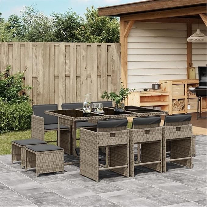 Afuera Living 11-Piece Poly Rattan Patio Dining Set, Gray Powder-Coated Finish, Cushioned Seats, Foldable Chairs and Stools, UV-Resistant Outdoor Garden Furniture for Terrace or Balcony, 10-Seater
