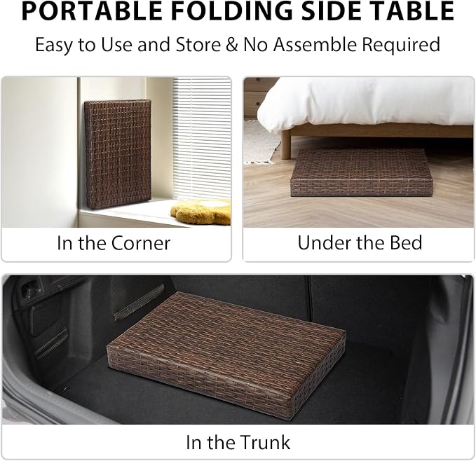 Rattan Folding Patio Side Tables for Outside, Portable & Lightweight Compact Foldable Wicker End Table Small Coffee Table for Poolside Lawn Garden Balcony