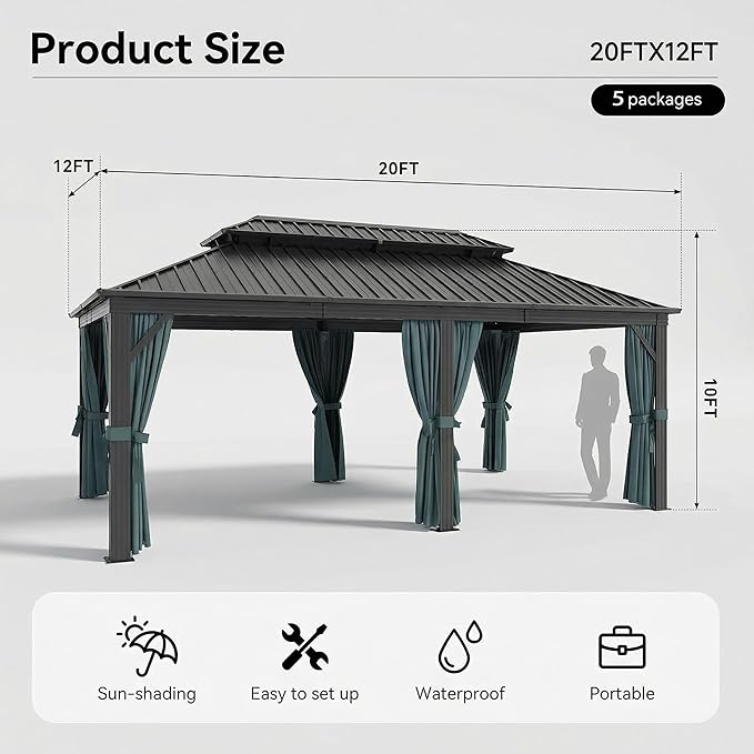 HOTEEL 12x20 Gazebo on Clearance with Metal Roof, Heavy Duty Hardtop Gazebo with Flame-Retardant Curtain & Netting, Outdoor Hard Top Gazebos with Galvanized Steel Double Roof for Backyarad,Patio Black