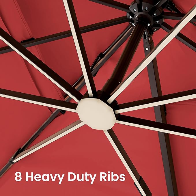 9x12 FT Cantilever Patio Umbrella with Base and Led Lights Double Top Outdoor Rectangular Large Heavy Duty Aluminum Offset Umbrellas with 7 Level Tilt 360-degree Rotation for Pool Garden Deck, Wine Red