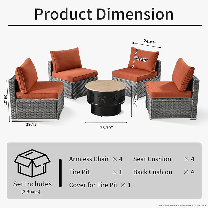HOOOWOOO 5-Piece Outdoor Wicker Patio Furniture Set, All-Weather Rattan Chairs with Cushions and Fire Pit Table, Modern Garden Conversation Set for Patio, Porch, and Balcony (Orange Red)