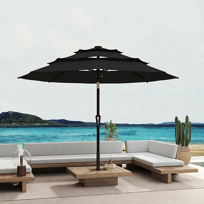 10FT Patio Umbrella 3 Tiers Outdoor Market Umbrella w/Push Button Tilt, Crank, UV and Waterproof Table Umbrella for Garden, Pool, Backyard, Deck, Lawn, Black