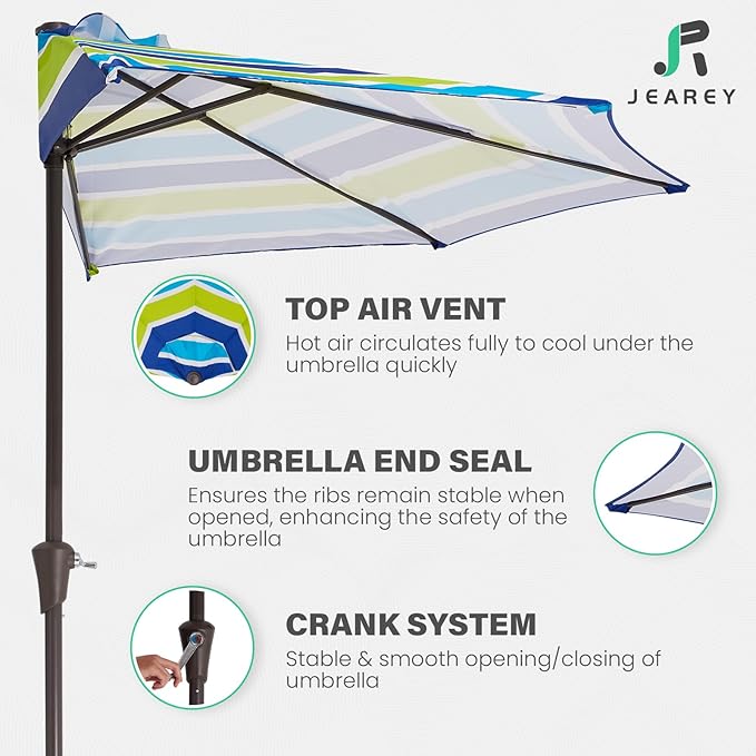 JEAREY 9ft Half Umbrella Outdoor Patio Umbrella Market Umbrellas with Crank, 1/2 Round Wall Umbrella 5 Sturdy Ribs UV Protection for Pool Garden Balcony Deck, Blue & Green Strip