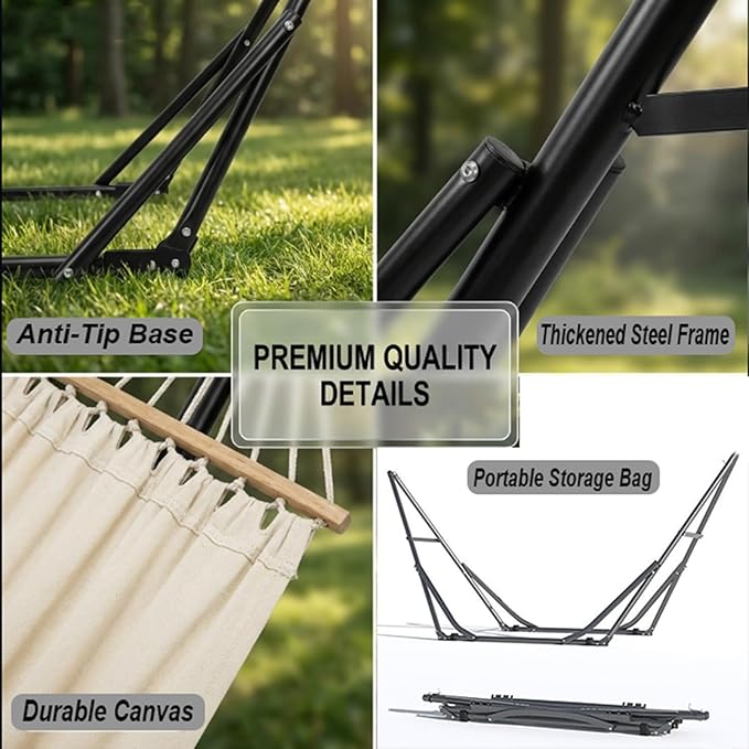 Rollover Prevention Outdoor Hammock with Stand,Portable Space Saving Heavy-Duty Steel Stand Canvas Hammock for Indoor Outdoor Patio Outdoor Camping on the Beach