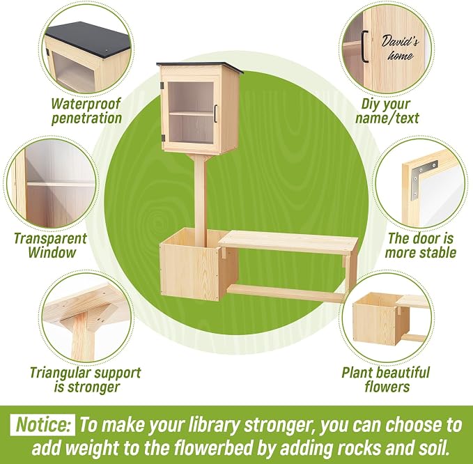 Wonderjune 3-in-1 Little Library Box Outdoor with Bench and Flower Fences, 55.8 Inch Weatherproof Solid Wood Exchange Box with Floor Plugs and Flower Fence for Neighborhoods, Community, School
