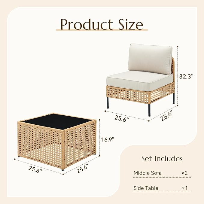Belord Patio Conversation Sets 3-Piece, Boho Outdoor Furniture with Waterproof Cushions & Table, Wicker Patio Furniture for Porch, Balcony