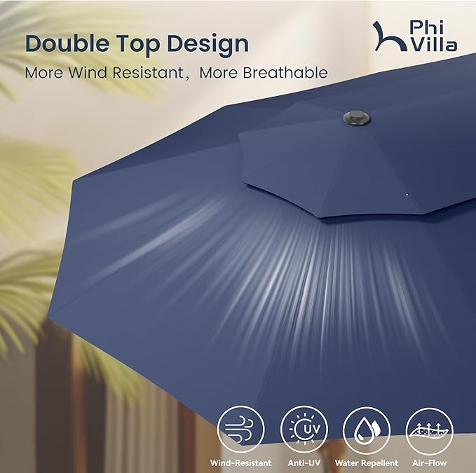 PHI VILLA 15ft Large Patio Umbrellas with Base Included, 2-Tier Outdoor Double-Sided Rectangle Market Umbrella with Stand, Outside Umbrellas for Poolside Lawn Backyard, Blue