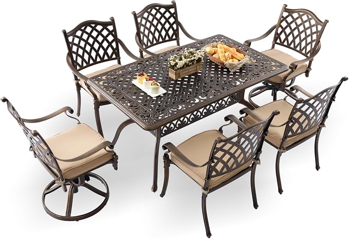 7-Pcs Cast Aluminum Patio Dining Set,59" Rectangular Table,Bronze | Outdoor Furniture Set Include Dining Table, 4 Stackable Chairs & 2 Swivel Chairs with Cushions & Umbrella Hole