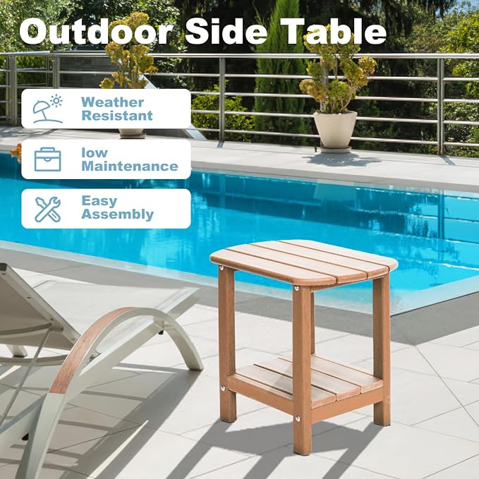Adirondack Outdoor Side Table, 16.5” HDPE Small Patio Table with Storage Shelf, Weather Resistant End Table for Porch, Pool & Yard (Teak)
