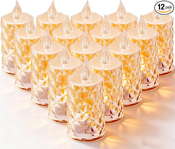 12 Pack Flameless Candles, Battery Operated, Realistic Crystal Type LED Lights for Safe for Mother's Day, Father's Day, BBQs, Outdoor & Family Gatherings